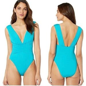 Trina Turk Turqoise Jade Getaway Solids Plunge Wrap Front One-Piece Swimsuit